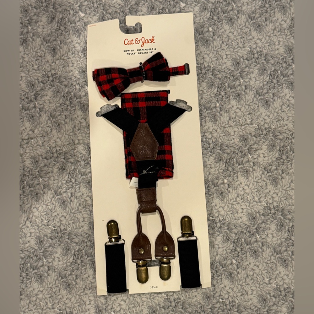 This is a Cat and Jack kids bow tie, suspenders, and pocket square set.